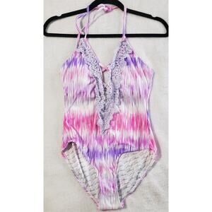 Marilyn Monroe One Piece SwimSuit Women's Small Purple Pink Lace Deep‎ V Halter